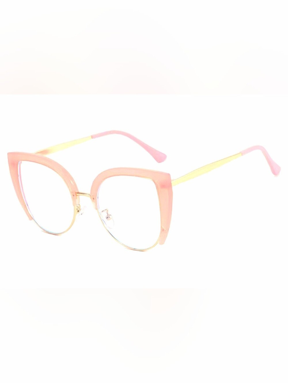 Women's Round Pink Cat Eye Style Glasses with Gold Trim Clear Lenses.